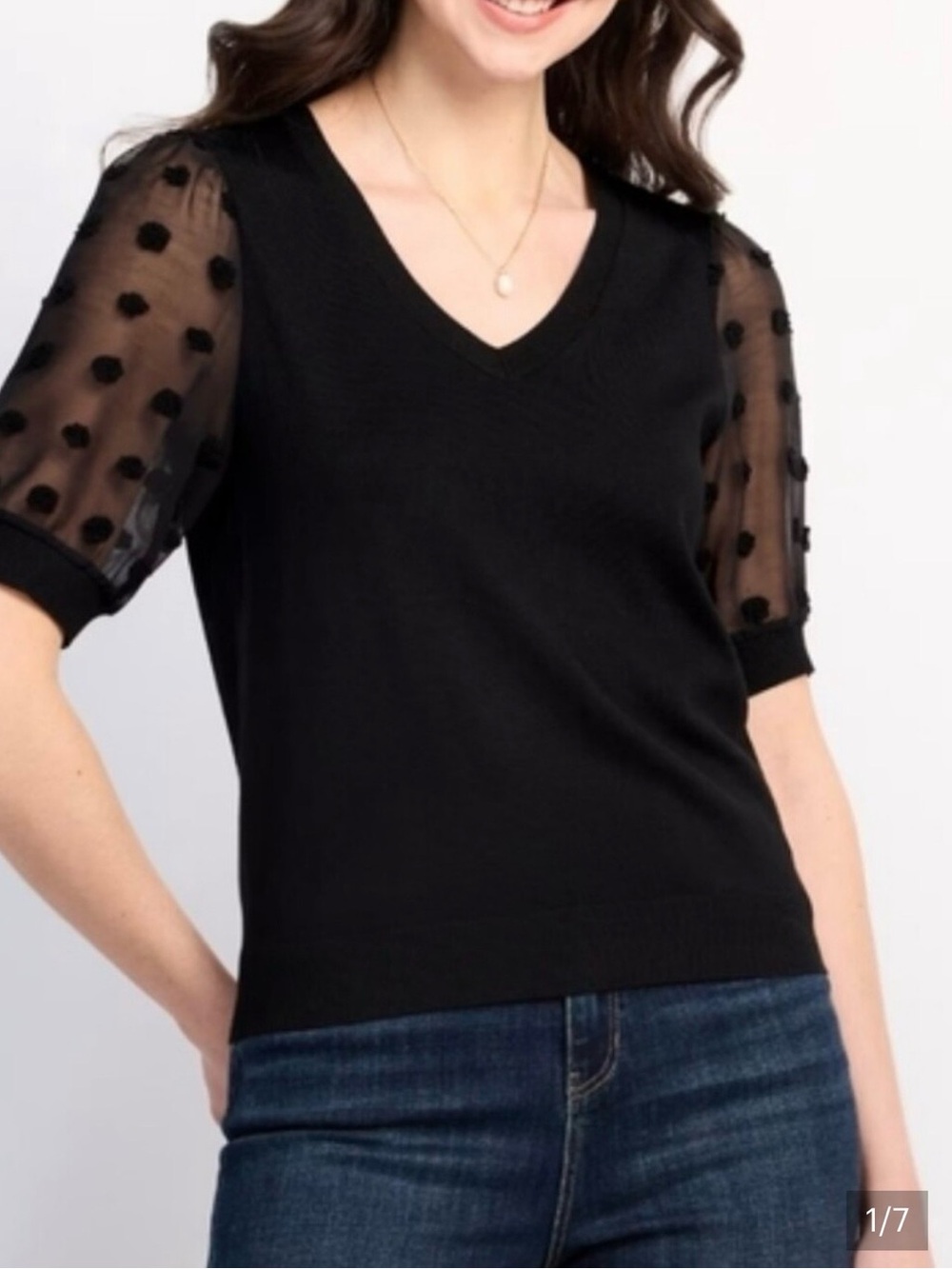 Black V-Neck polka dot sleeve lightweight sweater